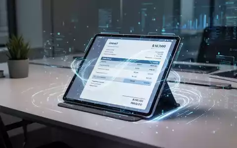 Ein Tablet zeigt eine digitale Rechnung mit leuchtenden Datensymbolen auf einem modernen Schreibtisch, symbolisiert die E-Rechnungspflicht. - Foto: über boerse-global.de