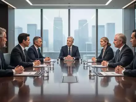 Eine Gruppe von Führungskräften in einem modernen Konferenzraum, die über strategische Neubesetzungen und Transformationen diskutieren. - Foto: über boerse-global.de