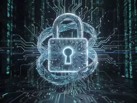 Ein futuristisches, leuchtendes digitales Vorhängeschloss, das sich mit einer Leiterplatte verschränkt, symbolisiert KI-Sicherheit und Cyberkriegführung. - Foto: über boerse-global.de