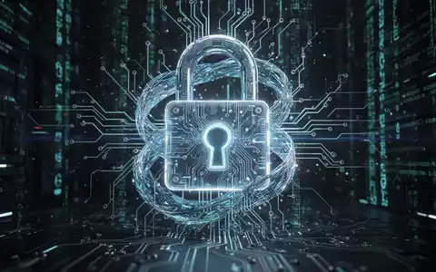 Ein futuristisches, leuchtendes digitales Vorhängeschloss, das sich mit einer Leiterplatte verschränkt, symbolisiert KI-Sicherheit und Cyberkriegführung. - Foto: über boerse-global.de