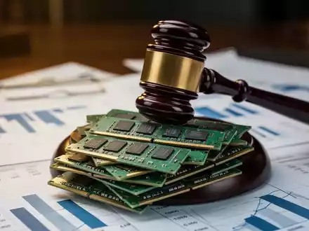 Ein Justizhammer liegt auf Computerspeicherchips, symbolisiert eine Klage gegen Chiphersteller. Finanzdokumente sind im Hintergrund unscharf. - Foto: über boerse-global.de