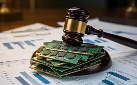 Ein Justizhammer liegt auf Computerspeicherchips, symbolisiert eine Klage gegen Chiphersteller. Finanzdokumente sind im Hintergrund unscharf. - Foto: über boerse-global.de