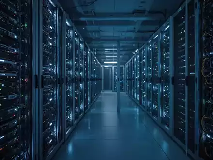 Schwach beleuchteter Serverraum mit Reihen von KI-GPU-Servern, einige inaktiv, Unterauslastung zeigend. - Foto: über boerse-global.de