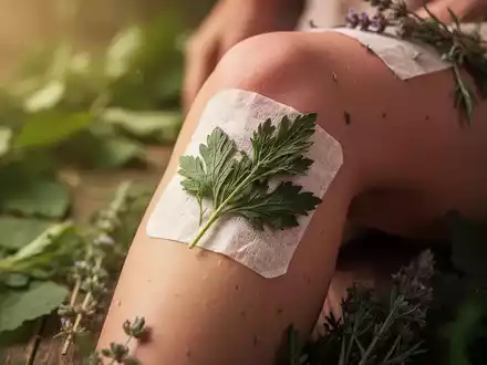 Ein menschliches Knie mit einem Kräuterpflaster, umgeben von verschwommenen Kräutern, das traditionelle Schmerzlinderung symbolisiert. - Foto: über boerse-global.de