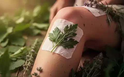 Ein menschliches Knie mit einem Kräuterpflaster, umgeben von verschwommenen Kräutern, das traditionelle Schmerzlinderung symbolisiert. - Foto: über boerse-global.de