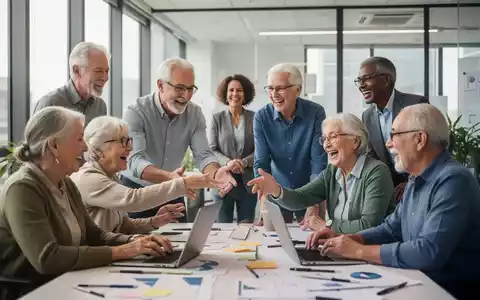 Ältere Arbeitnehmer in einem modernen Büro, die zusammenarbeiten, symbolisieren eine längere gesunde Erwerbstätigkeit. - Foto: über boerse-global.de
