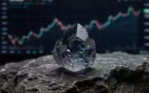 Nahaufnahme eines Germaniumkristalls auf Gestein mit einem unscharfen, aufsteigenden Börsenkursdiagramm im Hintergrund. - Foto: über boerse-global.de