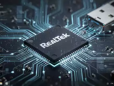 Realtek-Chip oder USB-Ethernet-Adapter, Nahaufnahme, digital leuchtend vor verschwommenem Leiterplattenmuster und Windows-Elementen. - Foto: über boerse-global.de