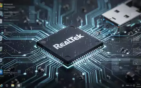 Realtek-Chip oder USB-Ethernet-Adapter, Nahaufnahme, digital leuchtend vor verschwommenem Leiterplattenmuster und Windows-Elementen. - Foto: über boerse-global.de