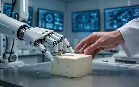 Eine Roboterhand und eine Menschenhand berühren sanft einen Tofu-Block, Symbol für KI-Training. - Foto: über boerse-global.de