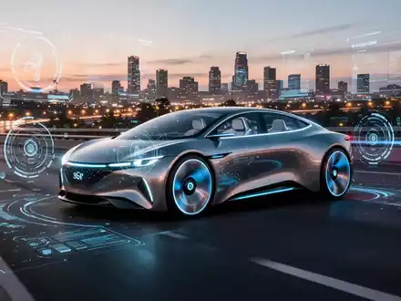 Futuristisches selbstfahrendes Auto auf einer Autobahn in der Dämmerung, mit digitalen Interface-Elementen über der Szene. - Foto: über boerse-global.de