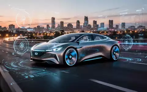 Futuristisches selbstfahrendes Auto auf einer Autobahn in der Dämmerung, mit digitalen Interface-Elementen über der Szene. - Foto: über boerse-global.de