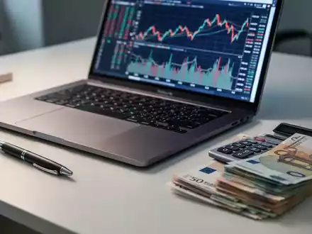 Ein Schreibtisch mit Laptop, Finanzdiagrammen, Stift, Taschenrechner und einem Stapel Euro-Banknoten, der Geschäftsfinanzen darstellt. - Foto: über boerse-global.de