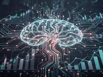 Glühende, abstrakte Darstellung eines neuronalen Netzes oder einer Platine mit Finanzdaten-Overlays, die KI im Finanzwesen symbolisiert. - Foto: über boerse-global.de