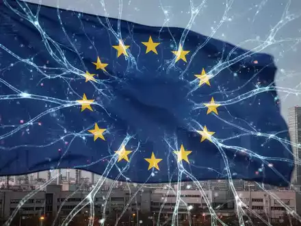 Digitale EU-Flagge mit leuchtenden KI-Neuronenbahnen und Datenströmen, Symbol für den Konflikt zwischen KI-Souveränität und Unternehmensinteressen. - Foto: über boerse-global.de