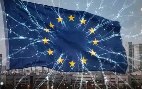 Digitale EU-Flagge mit leuchtenden KI-Neuronenbahnen und Datenströmen, Symbol für den Konflikt zwischen KI-Souveränität und Unternehmensinteressen. - Foto: über boerse-global.de