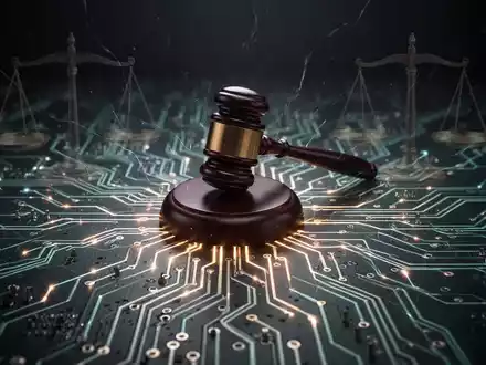 Leiterplatte mit Silhouetten von Richterhammer und Waage, Symbol für digitale Urheberrechtsklagen - Foto: über boerse-global.de