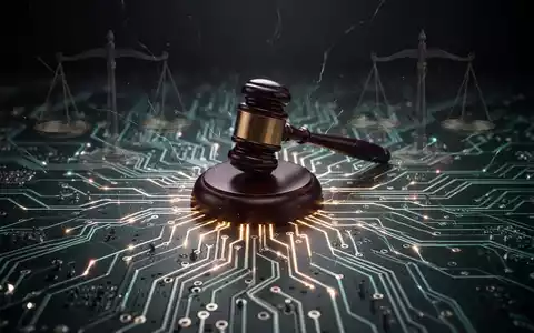 Leiterplatte mit Silhouetten von Richterhammer und Waage, Symbol für digitale Urheberrechtsklagen - Foto: über boerse-global.de