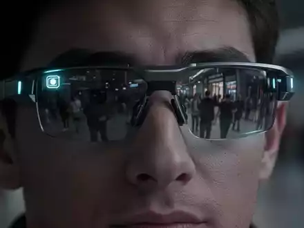 Nahaufnahme einer Person mit Smart Glasses, deren Linse dezent leuchtet und eine heimliche Aufnahme in einer öffentlichen Umgebung andeutet. - Foto: über boerse-global.de