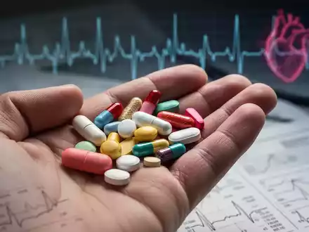 Nahaufnahme einer Hand, die verschiedene Medikamentenpillen hält, mit verschwommenen medizinischen Diagrammen im Hintergrund. - Foto: über boerse-global.de