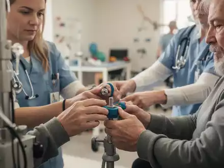 Ergotherapeutin assistiert einem Patienten bei der Nutzung eines Therapiegeräts zur Wiederherstellung der Handfunktionen. - Foto: über boerse-global.de