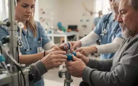 Ergotherapeutin assistiert einem Patienten bei der Nutzung eines Therapiegeräts zur Wiederherstellung der Handfunktionen. - Foto: über boerse-global.de