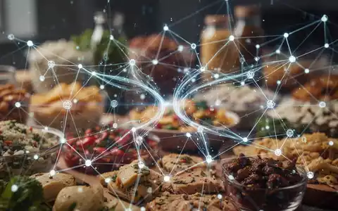 Ein transparentes, leuchtendes Netzwerk aus Linien und Knoten überlagert eine verschwommene Auswahl von Lebensmittelprodukten, die Datenfluss und Rückverfolgbarkeit symbolisieren. - Foto: über boerse-global.de
