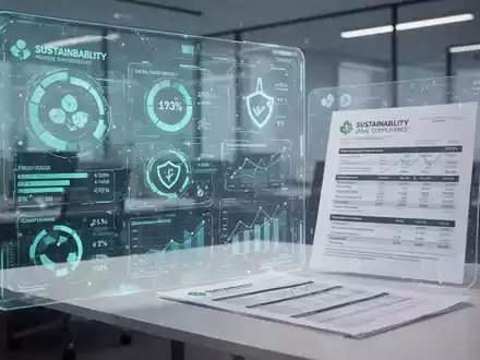 Eine Nahaufnahme eines Nachhaltigkeitsberichts auf einem Schreibtisch mit digitalen Überlagerungen von Daten und Compliance-Symbolen. - Foto: über boerse-global.de