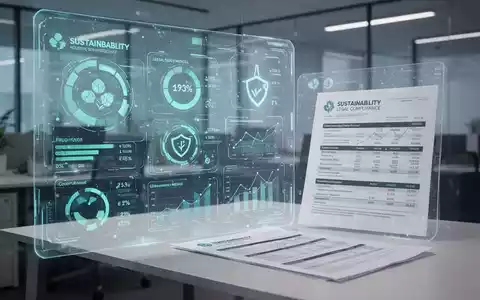 Eine Nahaufnahme eines Nachhaltigkeitsberichts auf einem Schreibtisch mit digitalen Überlagerungen von Daten und Compliance-Symbolen. - Foto: über boerse-global.de