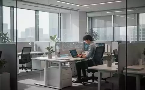 Ein minimalistischer Büroraum mit ergonomischem Schreibtisch, natürlichem Licht und einer Person, die sich konzentriert. Fokus auf Gehirnkapital. - Foto: über boerse-global.de