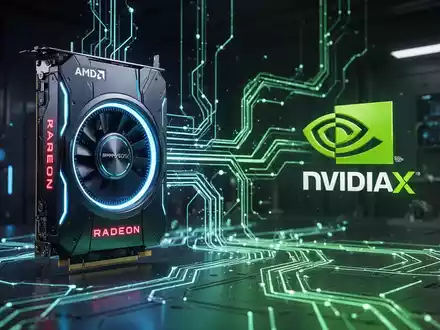 Leuchtende AMD Radeon GPU mit NVIDIA PhysX-Logo, verbunden durch beleuchtete Pfade, in dunkler Hightech-Umgebung. - Foto: über boerse-global.de