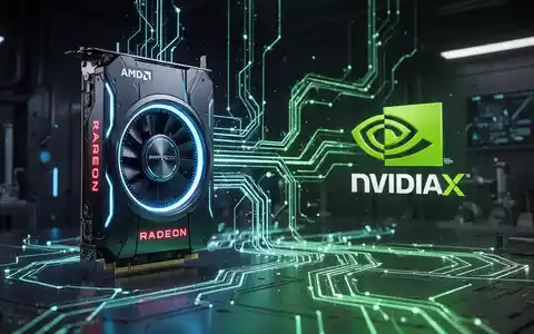 Leuchtende AMD Radeon GPU mit NVIDIA PhysX-Logo, verbunden durch beleuchtete Pfade, in dunkler Hightech-Umgebung. - Foto: über boerse-global.de