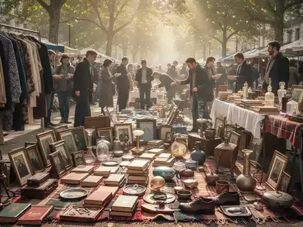 Ein geschäftiger Flohmarkt mit Ständen voller Secondhand-Waren, Menschen beim Stöbern und hellem Sonnenlicht, das durch Bäume fällt. - Foto: über boerse-global.de
