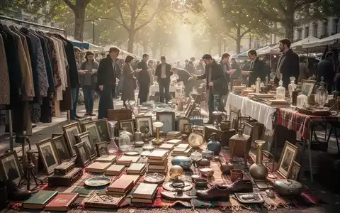 Ein geschäftiger Flohmarkt mit Ständen voller Secondhand-Waren, Menschen beim Stöbern und hellem Sonnenlicht, das durch Bäume fällt. - Foto: über boerse-global.de