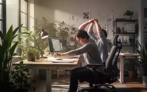 Eine Person dehnt sich an einem ergonomischen Schreibtisch in einem modernen Homeoffice mit Pflanzen und weichem Tageslicht. - Foto: über boerse-global.de
