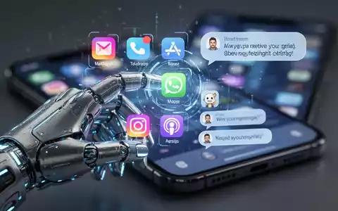 Eine Hand interagiert mit einer holografischen KI-Oberfläche, die App-Symbole und Chat anzeigt, als Symbol für KI-gesteuerte App-Verwaltung. - Foto: über boerse-global.de