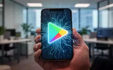 Smartphone mit futuristischem Google Play Store-Logo und KI-Neuronalnetz-Mustern, in einer Hand im Büro. - Foto: über boerse-global.de
