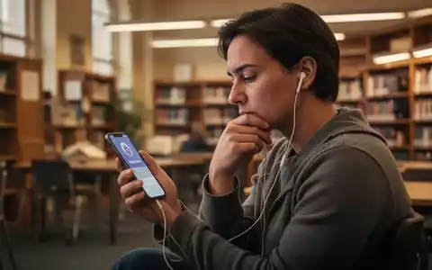 Eine Person hört einen Podcast auf dem Smartphone, Kopfhörer im Ohr, in einer Bibliothek. - Foto: über boerse-global.de