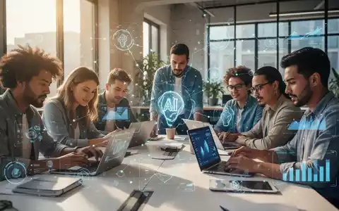 Kleinunternehmer und Angestellte nutzen KI-Tools auf Laptops und Tablets in einem modernen Büro. - Foto: über boerse-global.de