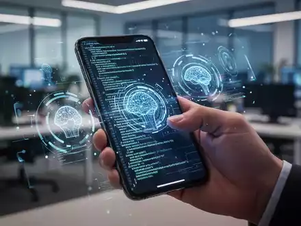 Eine Hand hält ein Smartphone mit leuchtenden KI-Code-Oberflächen, im Hintergrund ein verschwommenes Tech-Büro. - Foto: über boerse-global.de