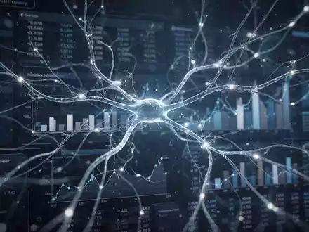 Abstrakte Darstellung digitaler Transformation mit leuchtenden Linien eines neuronalen Netzes über einer Finanzoberfläche. - Foto: über boerse-global.de