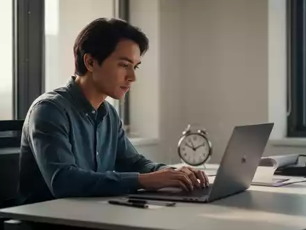 Eine Person sitzt konzentriert an einem Schreibtisch vor einem Laptop, während eine Uhr die Zeit misst. Symbolisiert effiziente Jobsuche. - Foto: über boerse-global.de