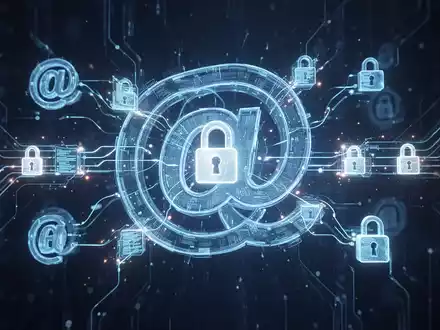 Abstrakte digitale Illustration mit verschlungenen @-Symbolen und Schloss-Icons, die sichere Kommunikation und Privatsphäre symbolisieren. - Foto: über boerse-global.de