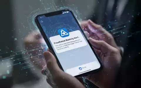 Smartphone-Bildschirm mit gefälschtem Bankbetrugsalarm, unscharfe Hände im Hintergrund. Bild zeigt Bedrohung durch KI-Betrug. - Foto: über boerse-global.de