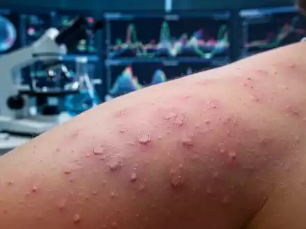 Nahaufnahme von Haut mit subtilen roten Flecken, die Gürtelrose darstellen, mit verschwommenen wissenschaftlichen Instrumenten im Hintergrund. - Foto: über boerse-global.de