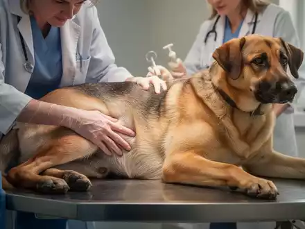 Ein Tierarzt untersucht das Hüftgelenk eines großen Hundes (z.B. Deutscher Schäferhund) auf einem Untersuchungstisch. - Foto: über boerse-global.de