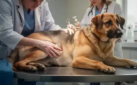 Ein Tierarzt untersucht das Hüftgelenk eines großen Hundes (z.B. Deutscher Schäferhund) auf einem Untersuchungstisch. - Foto: über boerse-global.de