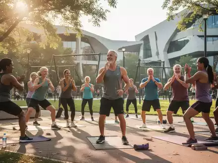 Eine vielfältige Gruppe von Menschen nimmt an einem kostenlosen Fitnesskurs im Freien in einem sonnigen Stadtpark teil. - Foto: über boerse-global.de