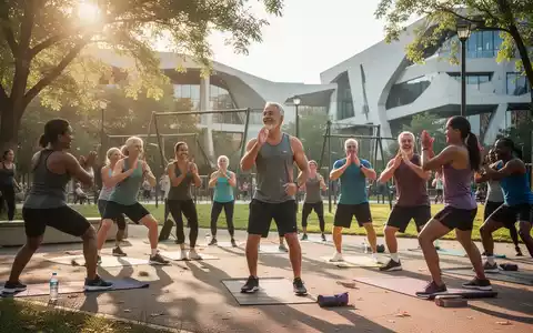 Eine vielfältige Gruppe von Menschen nimmt an einem kostenlosen Fitnesskurs im Freien in einem sonnigen Stadtpark teil. - Foto: über boerse-global.de