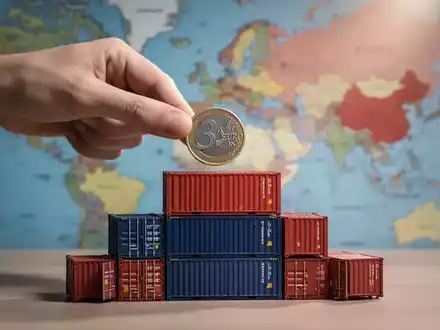 Eine Hand platziert eine 3-Euro-Münze auf Miniatur-Versandcontainern, mit verschwommener Europa- und China-Karte im Hintergrund. - Foto: über boerse-global.de